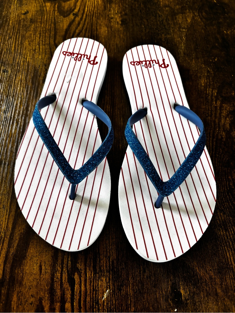 Phillies Flip Flop Sandals - Red/White/Blue Striped Footbed Size 7. Never worn.